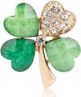 Rhinestone Hearted Clover Leaf Brooch Pin for Women Girls Unisex Gold Plated Vintage Crystal Green Shamrock Flower Brooches Lapel Pins Lucky Decor Dress Accessories St Patrick's Day Holiday Anniversary Jewelry Gift