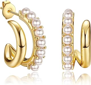 Dochais Pearl Hoop Earrings for Women, 14K Gold Plated Pearl Drop Earrings 925 Sterling Silver Gold Pearl Hoops Earrings Trendy Lightweight Hypoallergenic Pearl Earrings Jewelry