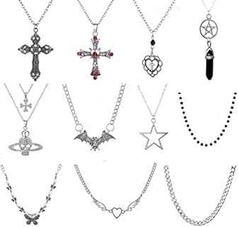 11Pcs Punk Vintage Necklace Set Goth Grunge Saturn Star Indie Butterfly Boho Crystal Y2k Cross Pendent Heart Wing Statement Choker for Women Men