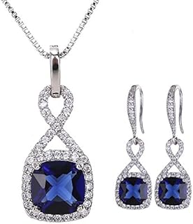 AMYJANE Crystal Jewelry Set for Women - Sterling Silver Square Cubic Zirconia CZ Bridal Pendant Necklace Earrings Set for Wedding Bride Bridesmaids Birthstone Fashion Jewelry Set