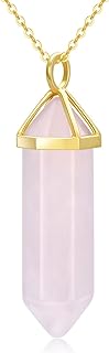 Blocaci 14k Solid Gold Crystal Necklaces, Quartz Pendant Energy Healing Crystal Necklace Natural Hexagonal Gemstone Pendant for Women Girls 16-18 Inch