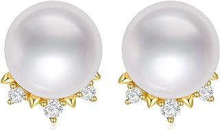 10k Gold Diamond Crown Cultured Freshwater Pearl Stud Earrings for Women, Fine Jewelry Gifts for Her