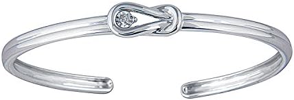 Sterling Silver Cable Chain 0.05 cttw Round White Diamond Knot Cuff Bangle for Women - Adjustable Indian Origin Diamond & Silver Bracelet without Clasp