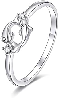 Double Dolphin 925 Sterling Silver Ring, Exquisite Zirconia Jewelry Ring for Women, Vintage Think Beautiful Fashionable Ring for Girls, Women’s Day Gifts, Size 7, 8, 9