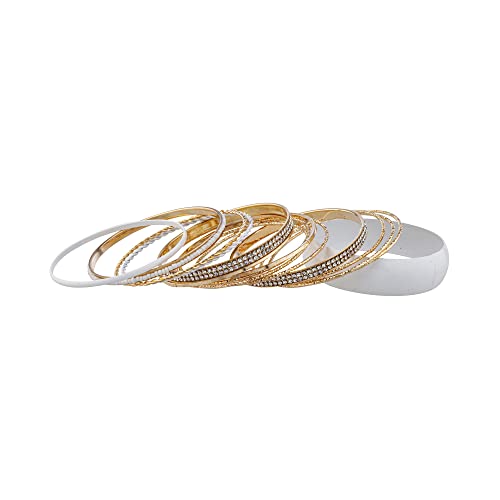 LUX ACCESSORIES Nicole Miller White and Gold Rhinestones, Etched, Twisted and Etched Multi-Bangle set of 14