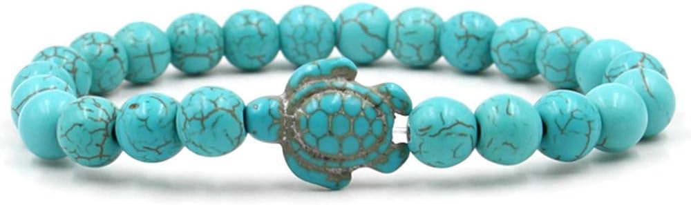 Unisex Caiyao Beaded Bracelet with Turquoise Sea Turtle Design & Natural Stones on Elastic Stretch