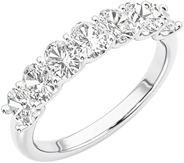 VS Clarity 7-Stone Created Diamond Oval Wedding Ring by Peora - 14K White Gold Eternity Band for Women - Modern, Stackable Design with 0.84 Carat Total