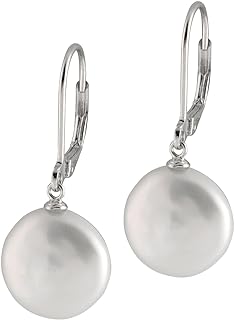 Luxurious 14mm Coin Shaped Freshwater Pearl Drop Stud Earrings with Rhodium-Plated Silver Lever Back for Women in Dangle Design