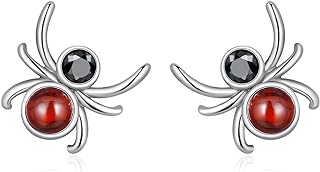 Tiny Spider Stud Earrings Sterling Silver 925 Red Crysal Cubic Zirconia Vintage Insect Spider Cartilage Tragus Earrings Piercing Studs Halloween Jewelry Gifts for Women Girls Men