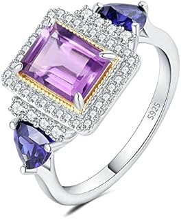 JewelryPalace 1.2ct Emerald cut Genuine Amethyst Trillion Cut Tanzanite Color Created Sapphire Halo Statement Ring for Women, 925 Sterling Silver Rings for Her, Fashion Natural Gemstone Jewelry Sets