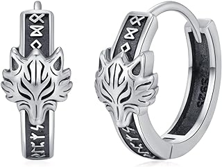 Sterling Silver Viking Wolf Hoop Stud Earrings for Men and Women by YEESIA