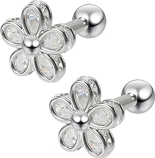 2pc 16g Cubic Zirconia CZ Flower Gem Barbell Studs 1/4 6mm Cartilage Earring Forward Helix Tragus