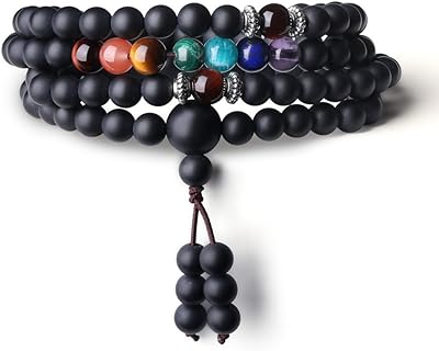 No-Clasp 108-Bead Matte Onyx Mala Necklace with Elastic String, Ideal for Zen Seekers, Featuring 7-Chakra Design