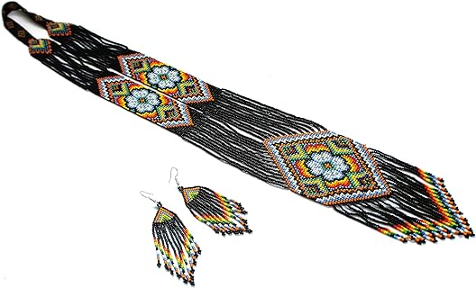 Native American Style beaded necklace for women Boho Statement Designer Jewelry Handmade Seed bead Long with earrings (#1)