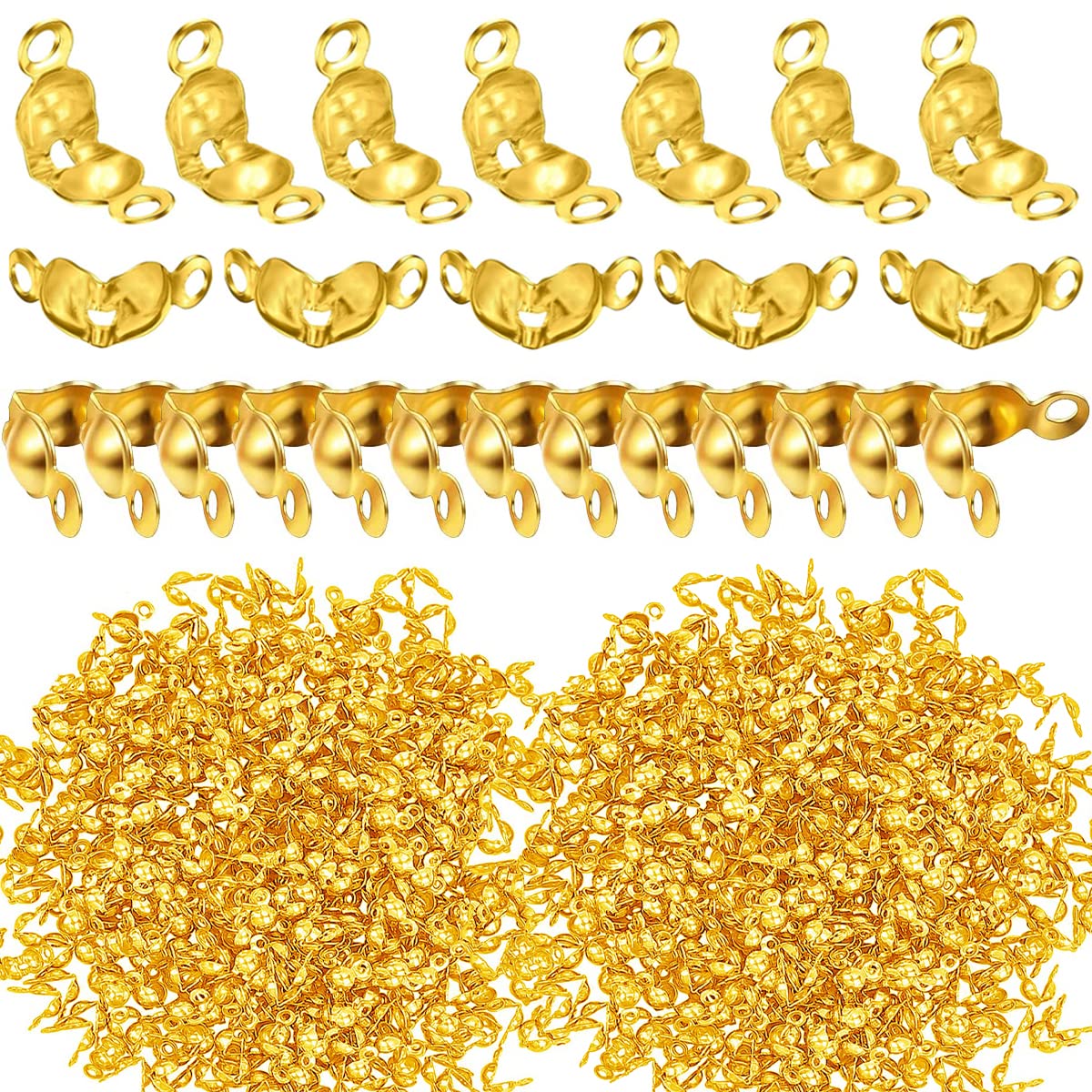 1500 Pieces Beads Tips Knot Covers Clamshell Crimp Tips Beads Set Calotte Ends Knot Covers Fold-Over Bead Covers for Jewelry Making DIY Bracelet Necklaces(Gold)