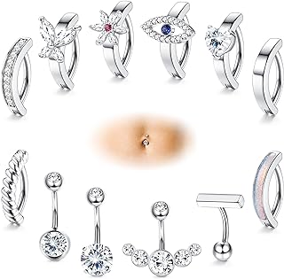 FIBO STEEL 12Pcs 14G Belly Button Rings Surgical Steel Clicker Belly Rings for Women CZ Twist Heart Evil Eyes Curved Reverse Navel Rings Body Piercing Jewelry Barbell