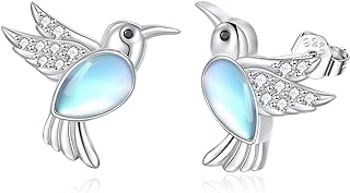 Hummingbird Stud Earrings for Women - Sterling Silver Push Back Jewelry with Moonstone - POPLYKE Animal-Inspired Design - Hypoallergenic Gift for Sensitive Ears