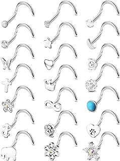 Magitaco 20G 21Pcs Nose Rings Studs Stainless Steel Bone L Screw Shaped Nose Piercing Jewelry for Women Men