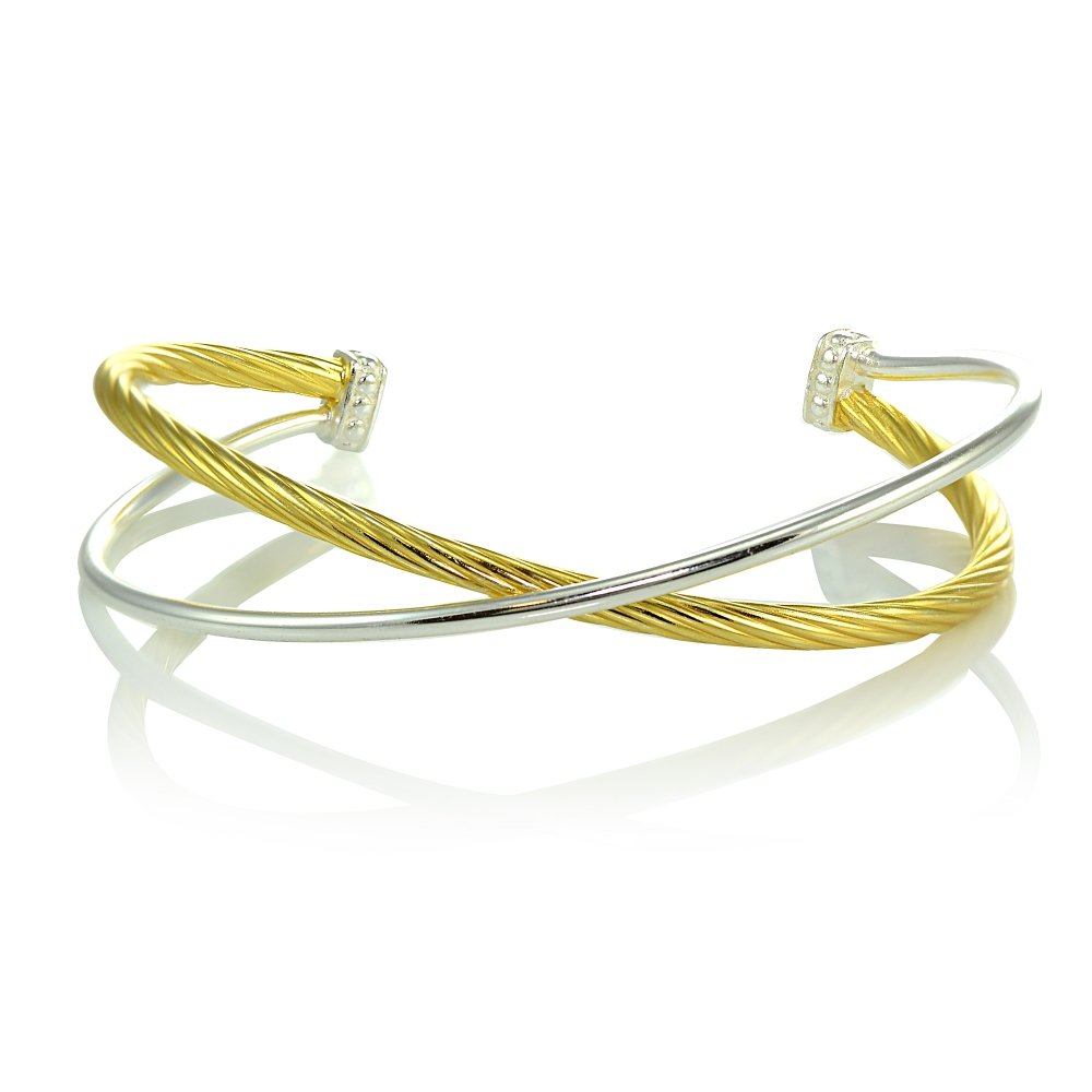 No-Clasp Yellow-Gold-Flashed-Silver Criss Cross Cuff Bangle Bracelet with Box Chain Design for Women, Polished and Twist Design