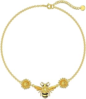 Sunflower Anklet with Lobster Claw Clasp and Box Chain, Sterling Silver Bumble Bee Design, Perfect Gift for Wife on Mother's Day or Christmas