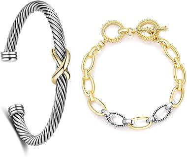 14K Gold-Plated Adjustable Bangle, Twisted Two-Tone Wire Cuff & Link Chain Bracelets Set for Her - Lead-Free Copper Jewelry