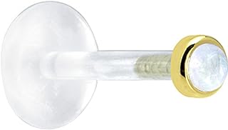 14k Yellow Gold Moonstone Nose Ring with Bioplast Post for Comfortable Piercing Fit, Genuine Rainbow Gem Style, Designed for Monroe/Tragus