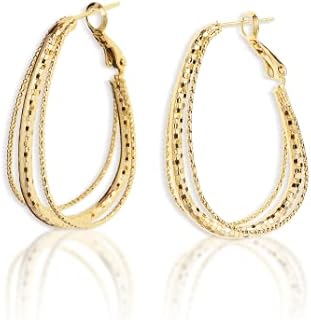 Hinged Hoop Stainless Steel Earrings with Cubic Zirconia for Women and Girls - Triple Hoop Design - Dangling Earrings with Gold Plating - Statement Jewelry Gift for Stylish Chic Fashion