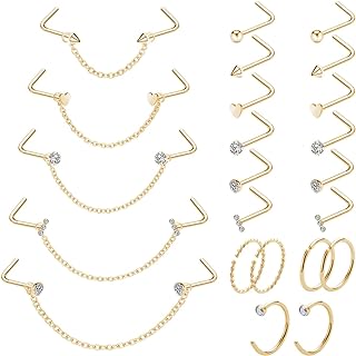 20G Stainless Steel Nose Piercing Ring Set with Cubic Zirconia for Men and Women - L-shaped Studs, Hoops & Chains - Ideal for High Nostril & Bridge Piercings