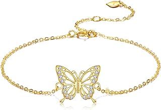 Dovran Women's 14k Yellow Gold Butterfly Anklet with Lobster Claw Clasp and Cubic Zirconia Accent