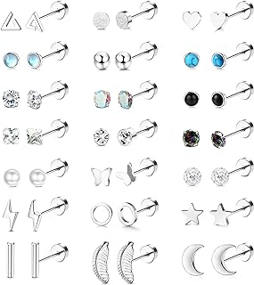 SAILIMUE 21Pairs Stainless Steel Stud Earrings Set for Women Men 20G Tiny Cartilage Stud Earrings Star Moon Triangle Heart Leaf Opal Stud Earrings Hypoallergenic Flat back Earrings Piercing Jewelry