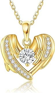 14K Yellow Gold Angel Pendant Necklace with Cable Chain and Spring Ring Clasp, Embedded with Cubic Zirconia, Perfect Gift for Women and Girls