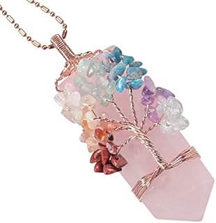 TUMBEELLUWA 7 Charaka Tree Pendant Necklace for Unisex, Copper Wire Wrapped 6-faceted Crystal Stone Point Pendant Amulet for Reiki Healing