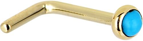 14k Yellow Gold and Turquoise Gem L-Shaped Nose Stud Ring, 18 Gauge, American Handmade