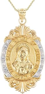 10K or 14K Two-Tone White & Yellow Gold Diamond Accented Sacred Heart Of Jesus Victorian Frame Pendant Necklace - Choice of Pendant Only or Chain Length