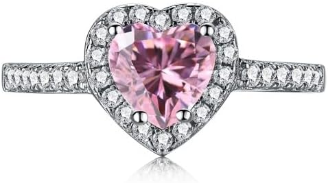 Halo Heart Engagement Rings for Women, 925 Sterling Silver 2CT Pink Cubic Zirconia Heart Wedding Ring Anniversary Valentine's Day Christmas Gifts for Her Wife Girlfriend