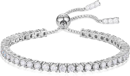 Luxurious Moissanite Tennis Bracelet with Adjustable Box and Link Chain, 18K White Gold Plated Sterling Silver, 1.52ct-7.76ct D Color VVS1 Round Brilliant Lab Created Moissanite