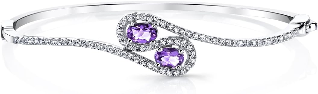 PEORA Amethyst Infinity Hinged Bangle Bracelet for Women 925 Sterling Silver, Natural Gemstone, 1 Carat total Oval Shape 6x4mm, 2.25 inches diameter