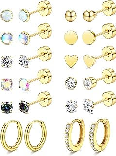 LOLIAS Hypoallergenic Surgical Steel Flat Back Stud Earrings with Cubic Zirconia Accents for Men and Women - Stainless Steel and Screw Back Design