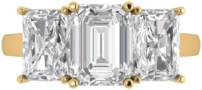 10k Yellow Gold Three-Stone Engagement Ring with 4 Carat Emerald Cut Lab Grown Diamond for Women, Anniversary Promise Design, Size 4