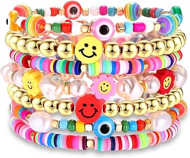 Beaded Stretch Bracelets for Women Rainbow Heishi Bracelet Set Colorful Clay Flower Evil Eye Gold-tone Beads Bracelet Summer Beach Bracelet Jewelry