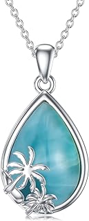 Natural Larimar Bead Necklace with Durable Cable Chain and Palm Tree Pendant in 925 Sterling Silver for Women and Girls- Teardrop Design