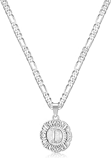 14K Gold Plated Pendant Necklace with Cubic Zirconia, Figaro Chain and Lobster-Claw Clasp, Initial Design for Women and Girls