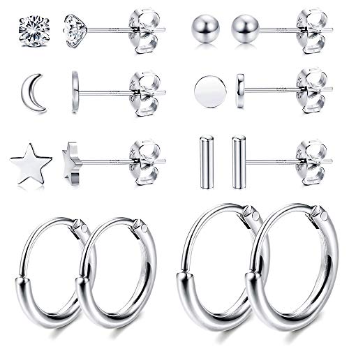 8 Pairs Sterling Silver Stud Earrings Sets for Women Men 14K Gold Plated Tiny Ball Dot Star Moon Bar CZ Stud Earrings Lightweight Small Huggie Hoops Cartilage Earrings Sets for Multiple Piercing Hypoallergenic