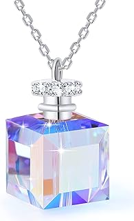 Aurora Crystal Cube Square Necklace Unique Gifts for Women Girls Faceted Pendant Dainty Perfume Bottle Shaped 18K Rose Gold Plated