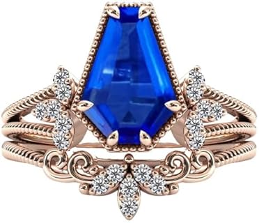 Coffin Shaped Tanzanite Engagement Ring Set 14k Rose Gold Tanzanite Wedding Ring Set Vintage 3 CT Art Deco Tanzanite Bridal Ring Set For Women