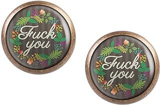 Bronze Cabochon Stud Earrings with Fuck You Flowers Picture Design, Lightweight & Comfortable, Uniquely Versatile, Humorously Edgy Style
