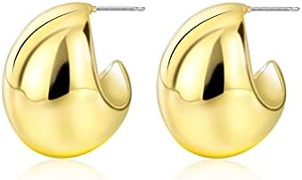 Chunky Gold Hoop Earrings, Small Gold Hoop Earrings for Women 14K Real Gold Plated Thick Open Hoops Lightweight