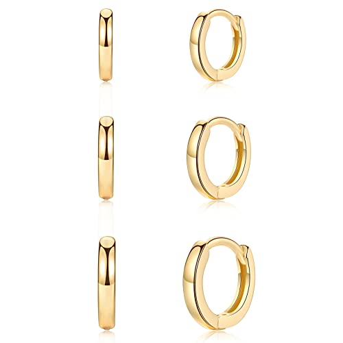 Small Cartilage Hoop Earrings for Women Men Girls, 3 Pairs Hypoallergenic Sterling Silver Post Huggie Earrings, 8/10/12mm, Silver/Gold/Black