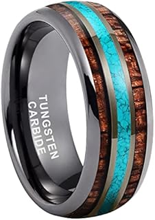 8mm Silver Black and Gunmetal Tungsten Rings for Men Women Wedding Bands Crushed Turquoise Koa Wood Inlay Domed Polished Comfort Fit
