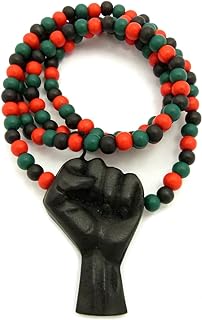 Cable Chain Wooden Bead Necklace with Hip Hop Black Rising Fist Pendant for Men and Women - Unique Design